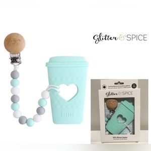🆕GLITTER & SPICE - NWT - AQUA BLUE COFFEE SILICONE TEETHER / PACIFIER CLIP